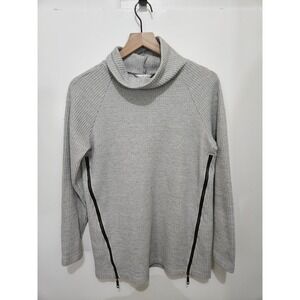 LL Bean Signature Womens Gray Waffle Knit Cowl Neck Side Zip Pullover XS 505130